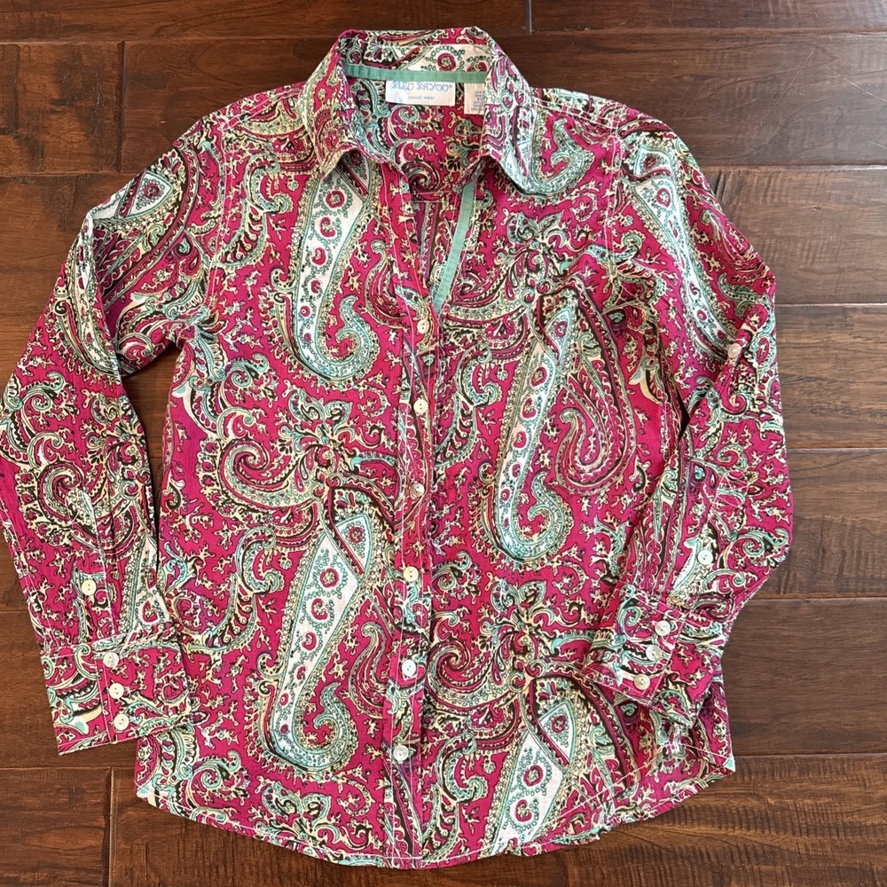 Vtg BLEU BAYOU Colorful Paisley Button Up Shirt Size Small Roll Tab Sleeve